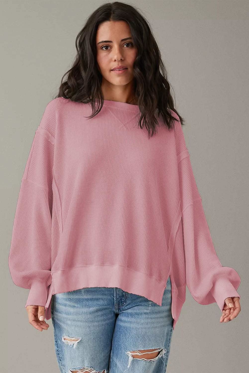 Pink Waffle Knit Bishop Sleeve Split Oversized Sweatshirt - Love Salve